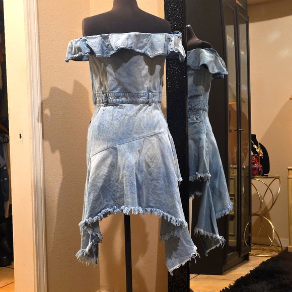 Fashion Nova Off-The-Shoulder Denim Dress | Asymmetrical Hem | Size M - Picture 3 of 3